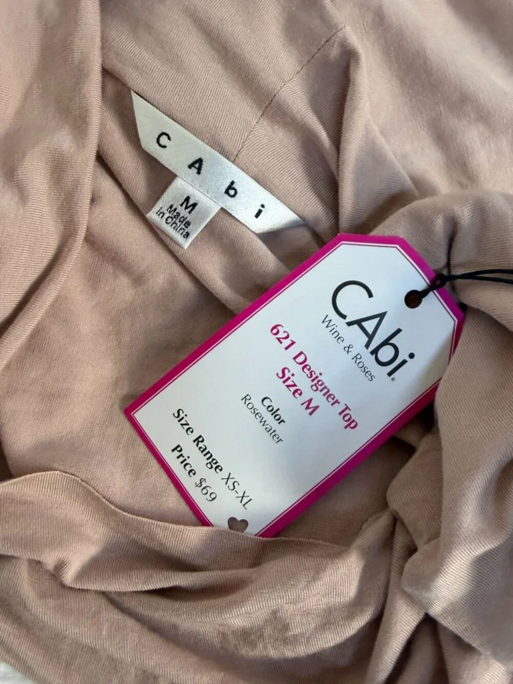 Cabi 621 Designer Top Womens Medium Blush Pink Cowl Neck Drape Knit Blouse New
